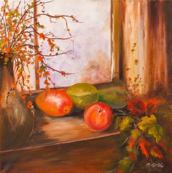 Still life painting of fruit in a window with a flower pot. Autumn leaves, autumn colors, oil painting on canvas. Figurative painting.