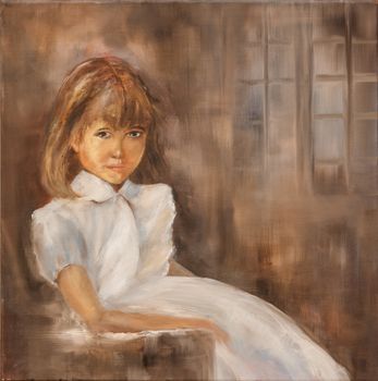 Portrait of a young lady. She is sitting in a chair wearing a white dress. Painted with oil on canvas.