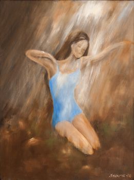 A beach scenery with a young woman in blue bathing suit sunbathing woman. A girl is stretching in the light. Oil painting on canvas. Summer landscape. Painted figurative art with oil on canvas.