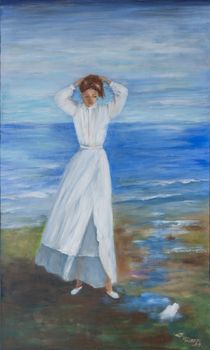 The lady from the sea is doing here hair on the beach in Spain. Oil painting on canvas.