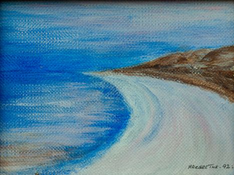 Midnight sun over the ocean in northern Norway. Oil painting on canvas. Figurative art where the main color is light blue. Winter scenery.