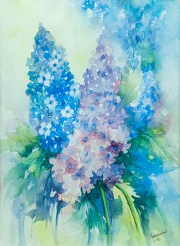 Watercolor of Spiraea. Figurative flower art. Scene from the summer garden. Purple and blue colors.