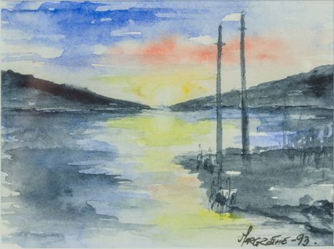 Figurative Watercolor fjord landscape from western Norway with fjords, mountains at sunset.