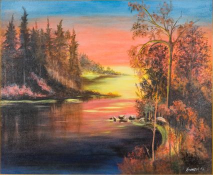 Evening mood with magical lightning at sunset with water and forest. Figurative oil painting on canvas