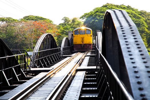 The train on The Bridge of the River Kwai (the Death Railway Bridge over River Kwai) in Kanchanaburi, Thailand