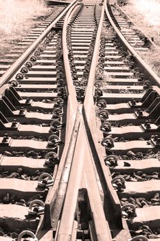 Railroad tracks at a train station Thailand.black and white picture