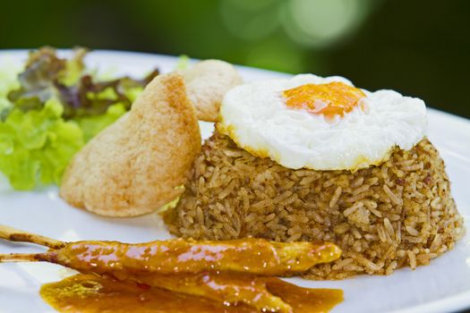 Rice with vegetables and eggs in the plate on the natural delicious,Grilled Pork Satay with Peanut Sauce and Vinegar.
