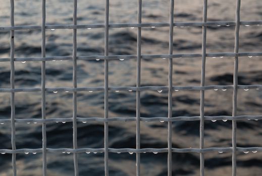 Metallic net with drops against sea background