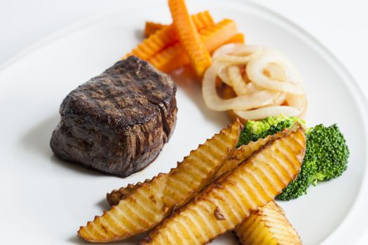 Grilled beef steaks and vegetables,luxury hotel food.