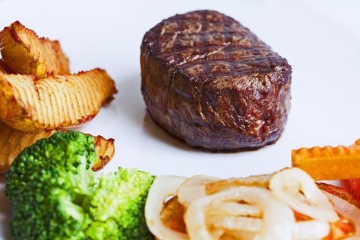 Grilled beef steaks and vegetables,luxury hotel food.