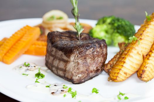 Grilled beef steaks and vegetables,luxury hotel food.