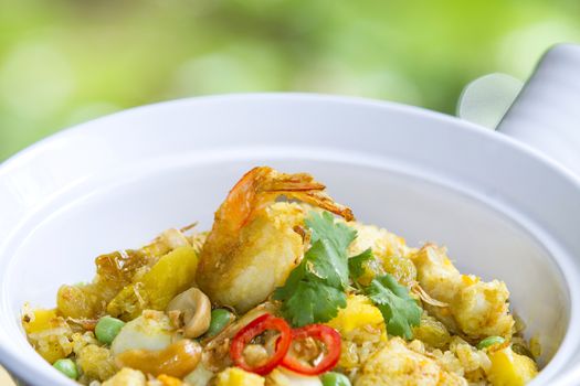 Thai shrimp fried rice old fashioned style thai food isolated,Fried rice with herbs.