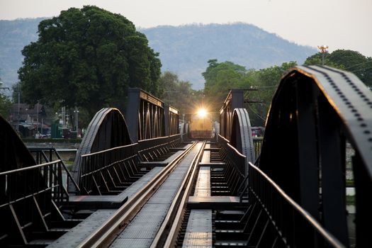 The electricity illuminates on railway river Kwai bridge Kanchanaburi province.
