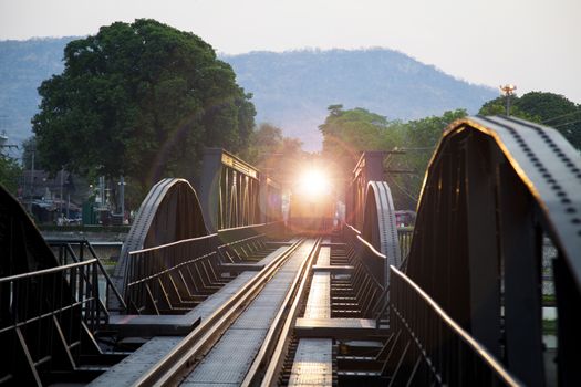 The electricity illuminates on railway river Kwai bridge Kanchanaburi province.