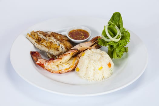Fried rice with vegetables,Seafood menu. There are fish and shrimp,Thai food in a luxury hotel.