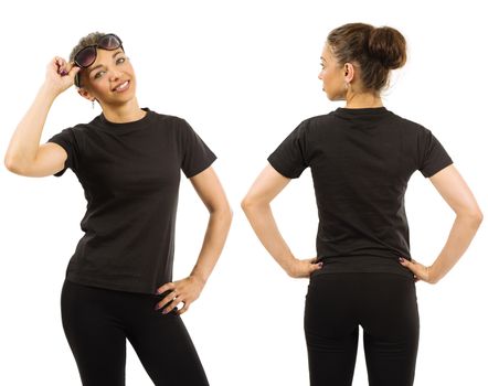 Photo of a woman posing with a blank black t-shirt and sunglasses, ready for your artwork or design.
