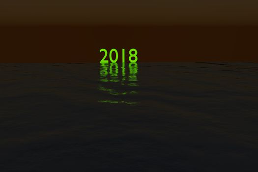 Green glowing 2018 on the sea during night rendered illustration