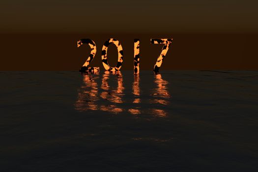 Glowing 2017 on the sea during night with glossy shadow rendered illustration