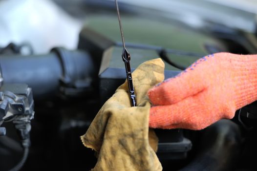 Man inspects the level of oil on a car engine dipstick