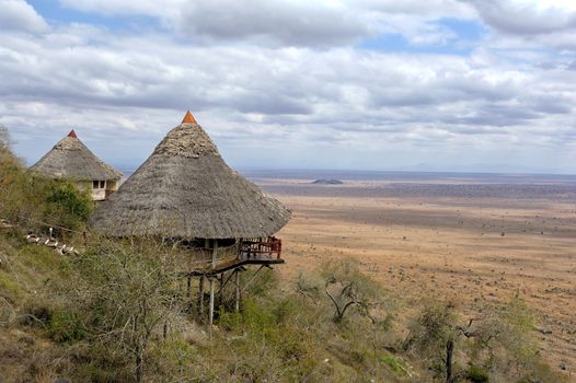 Wooden house on hill, National park of Kenya