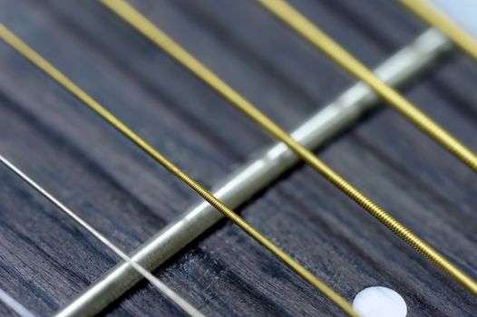 Close acoustic guitar strings and frets