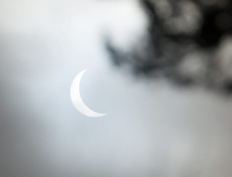 Partial solar eclipse 20th March 2015 in Carrbridge in the Scottish Highlands. Slight cloud cover and trees in frame. Colour image.
