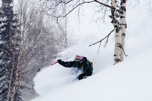 Freeride run in Siberian forest, powder run