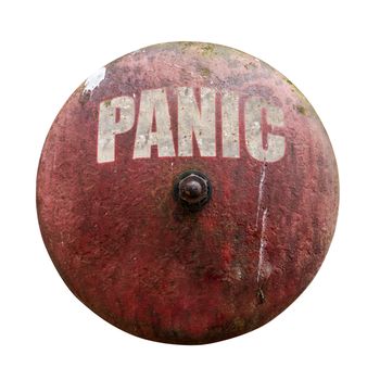 Isolated Rustic Vintage Red Alarm Bell With The Word Panic In White