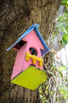 Birdhouse pink color in garden outdoors