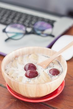 Granola with fruits on work station, stock photo