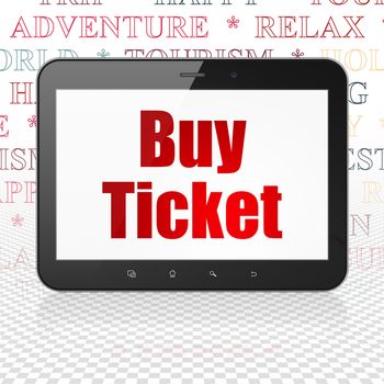 Tourism concept: Tablet Computer with  red text Buy Ticket on display,  Tag Cloud background, 3D rendering