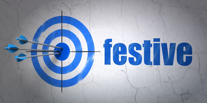 Success entertainment, concept: arrows hitting the center of target, Blue Festive on wall background, 3D rendering