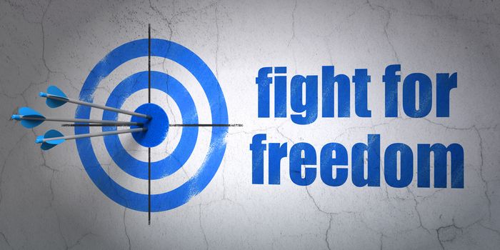 Success political concept: arrows hitting the center of target, Blue Fight For Freedom on wall background, 3D rendering