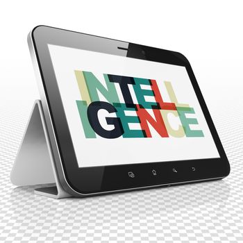 Learning concept: Tablet Computer with Painted multicolor text Intelligence on display, 3D rendering