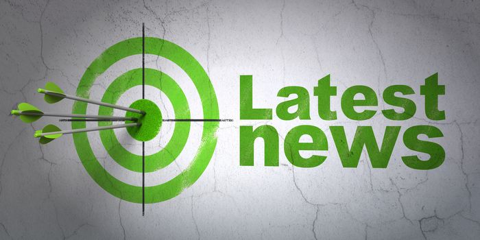 Success news concept: arrows hitting the center of target, Green Latest News on wall background, 3D rendering