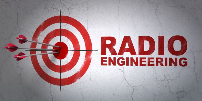 Success Science concept: arrows hitting the center of target, Red Radio Engineering on wall background, 3D rendering