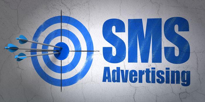 Success advertising concept: arrows hitting the center of target, Blue SMS Advertising on wall background, 3D rendering