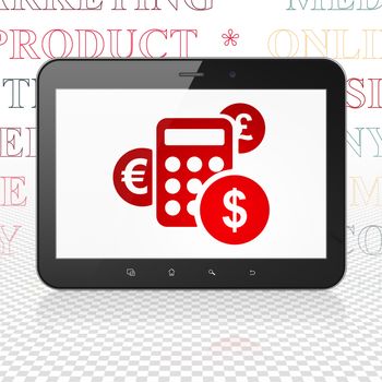 Marketing concept: Tablet Computer with  red Calculator icon on display,  Tag Cloud background, 3D rendering