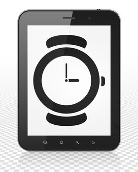 Timeline concept: Tablet Pc Computer with black Watch icon on display, 3D rendering