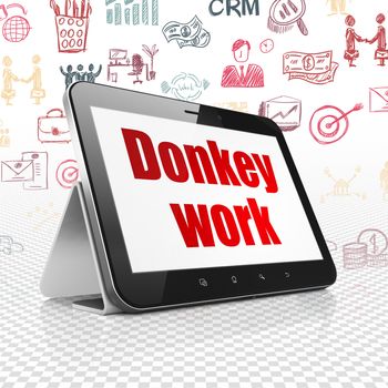 Finance concept: Tablet Computer with  red text Donkey Work on display,  Hand Drawn Business Icons background, 3D rendering