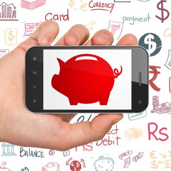 Money concept: Hand Holding Smartphone with  red Money Box icon on display,  Hand Drawn Finance Icons background, 3D rendering