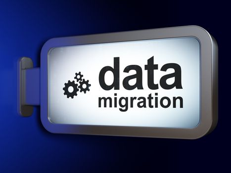 Data concept: Data Migration and Gears on advertising billboard background, 3D rendering