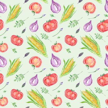 Healthy food hand-painted seamless vegetarian texture for menu and kitchen design with tomato, corn and onion illustrations on green background