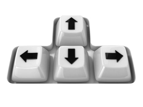 The four white keyboard arrows keys on a white background. Front view. 3D render illustration