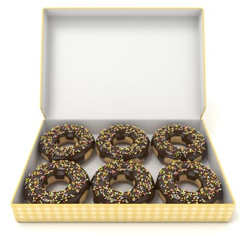 Box of chocolate donuts. Front view. 3D render illustration.isolated on white background
