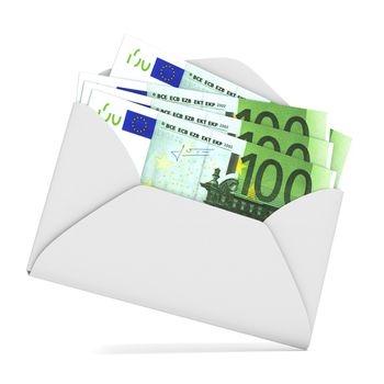 Euros in envelope. 3D render illustration isolated on white background