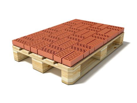 Euro pallet with one row of ceramic bricks. 3D render illustration isolated on white background.