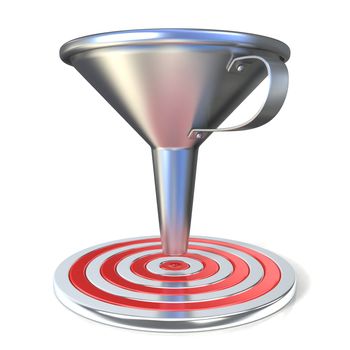 Empty steel funnel and red target. Isolated on white background. Concept of conversion rate, conversion funnel or flow control concept.