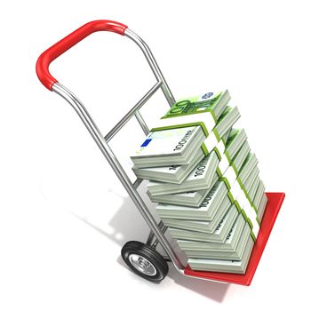 Hand truck with stacks of hundreds euros isolated on white background. 3D render illustration