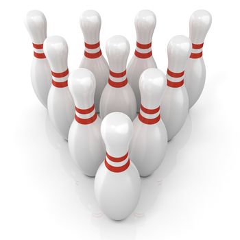 Bowling pins with red stripes, grouped and isolated on white